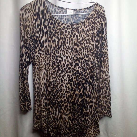 Cupio Blouse M 3/4 Sleeve Scallop Hem Animal Print Brown Black - Picture 1 of 12